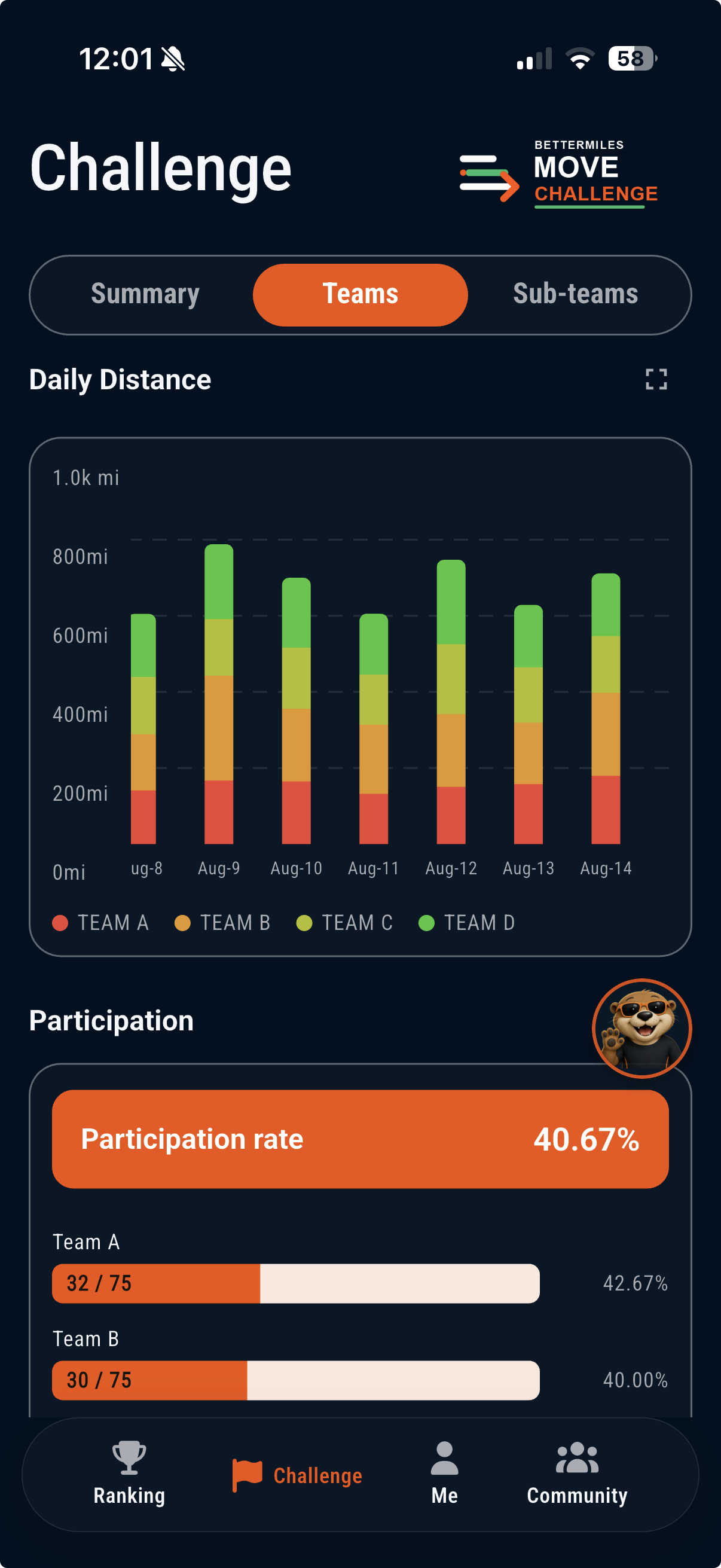 BetterMiles team participation dashboard
