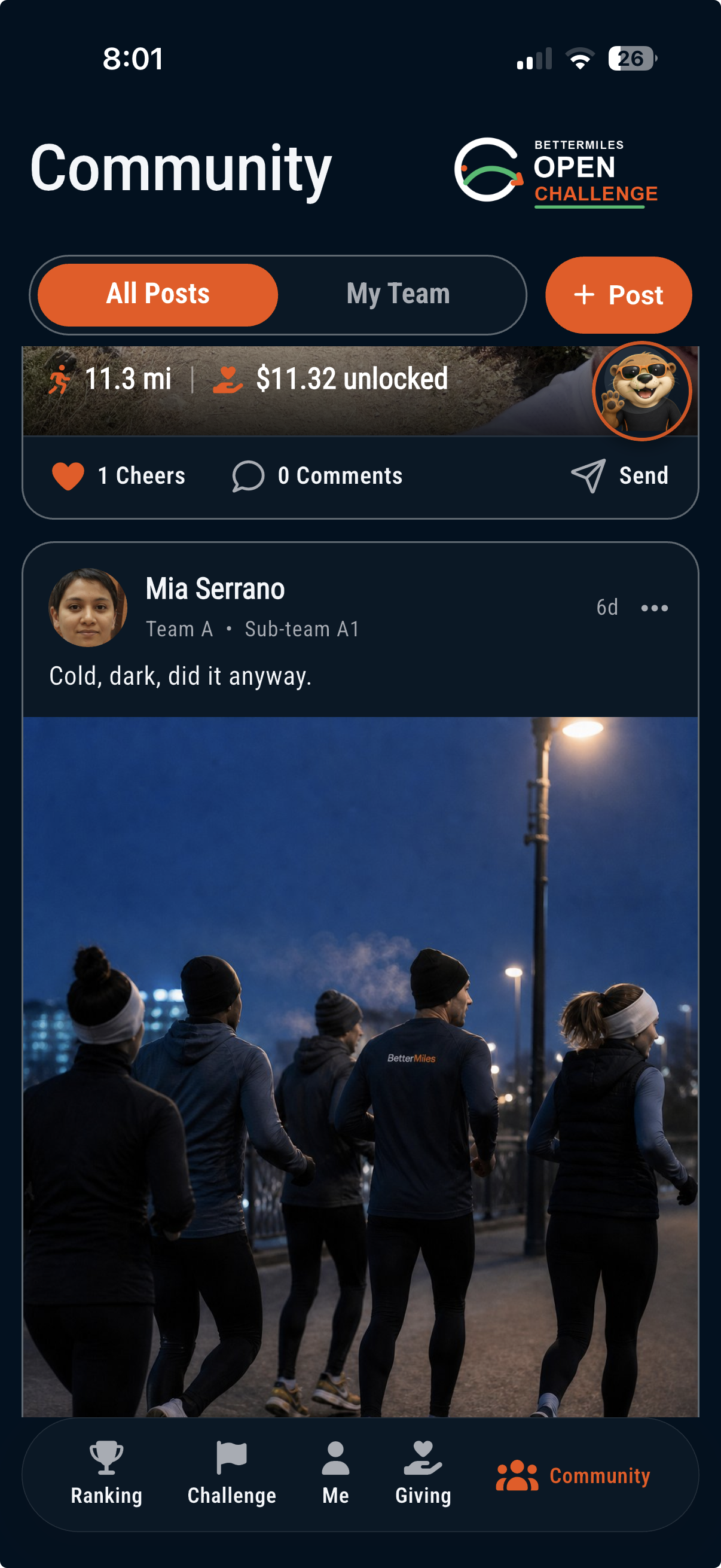 BetterMiles Community screen with a shared activity post