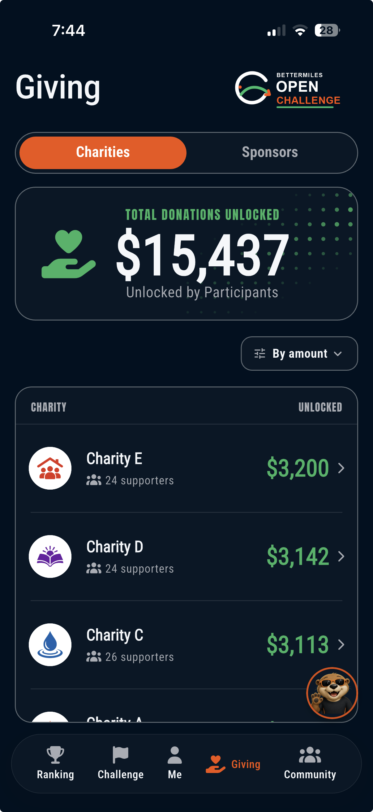 BetterMiles Giving screen listing supported charities