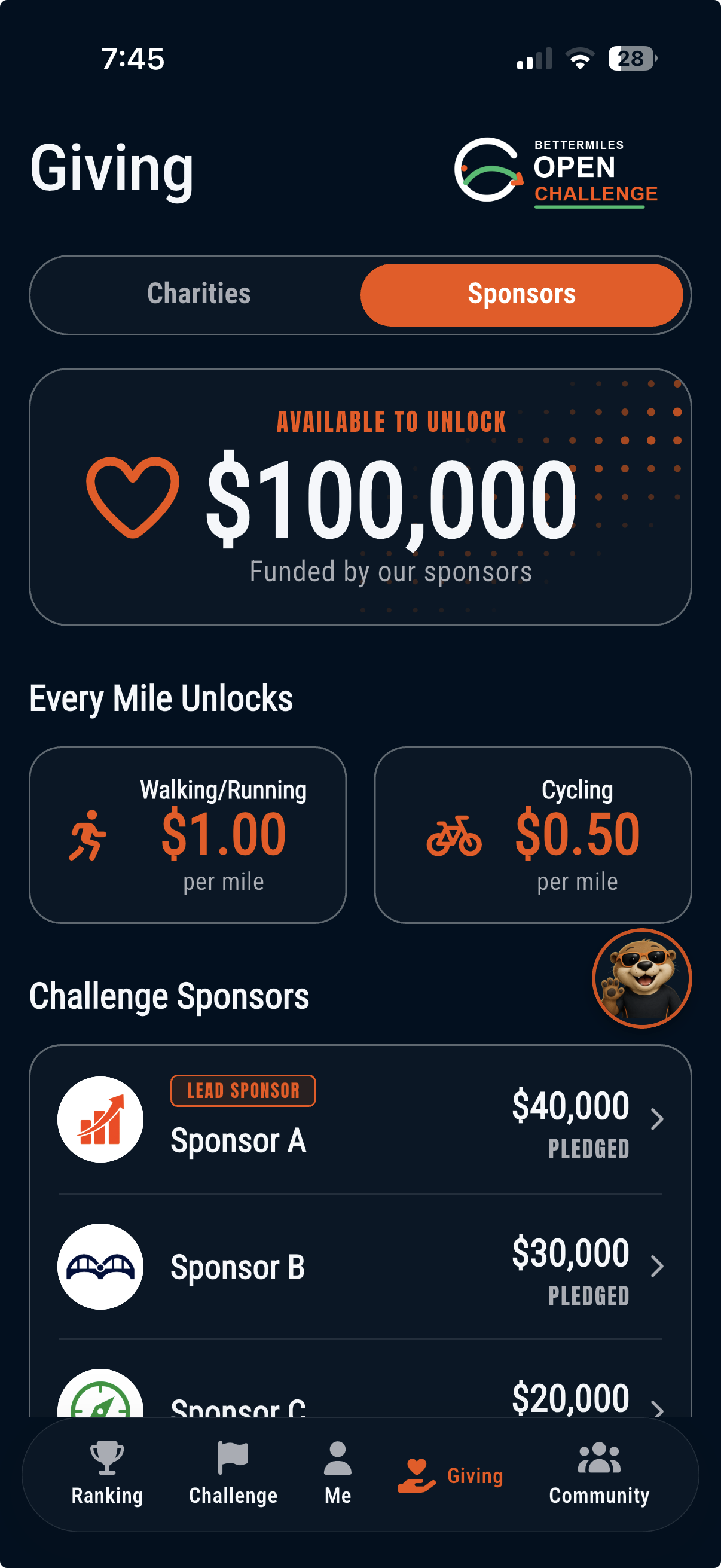 BetterMiles Giving screen showing challenge sponsors