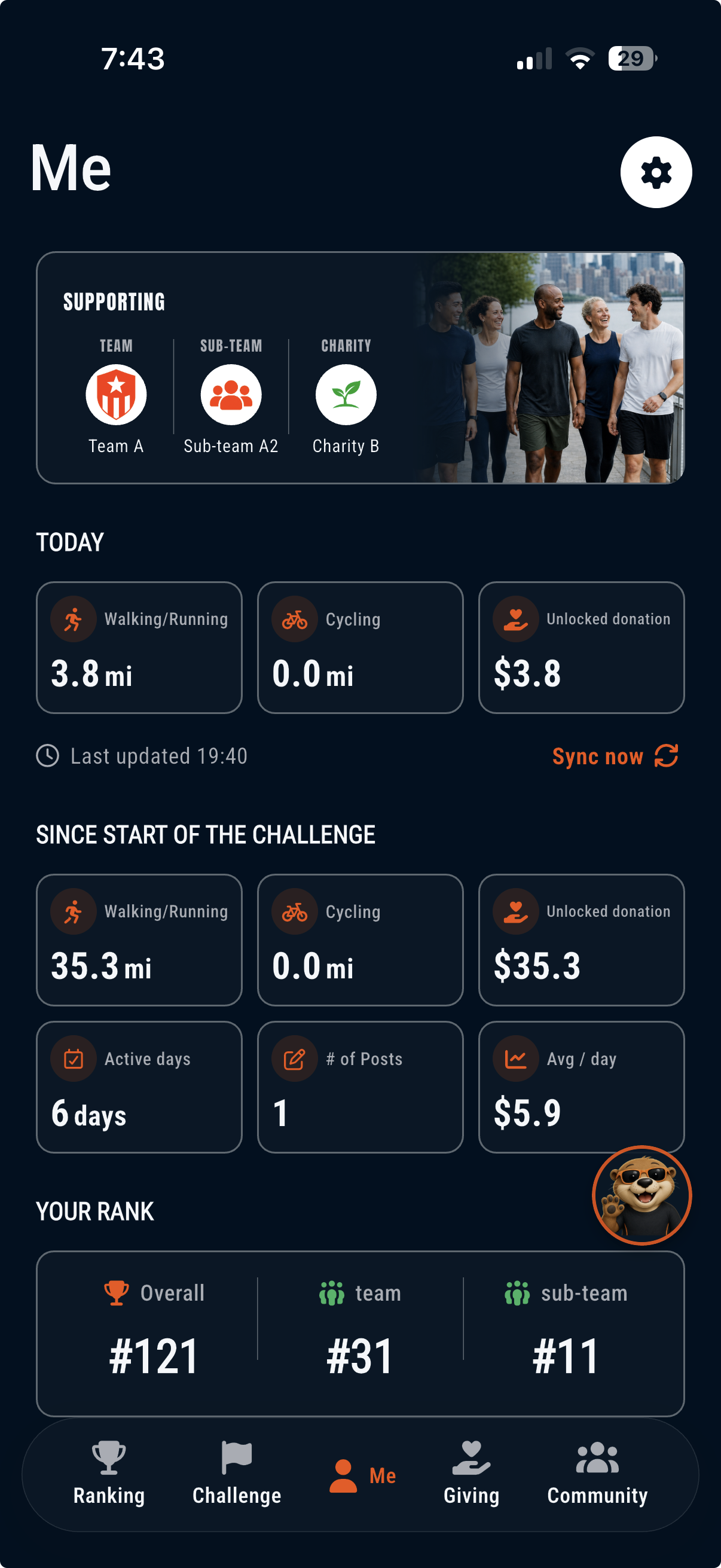BetterMiles Me screen with personal activity and donation progress