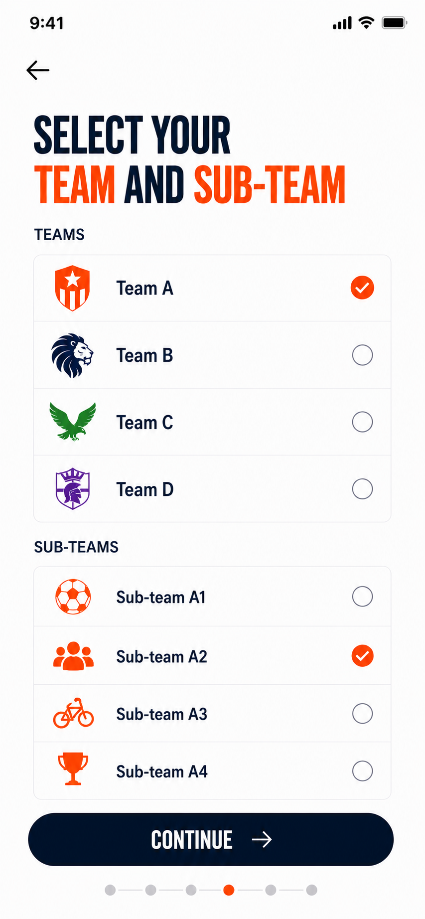 Select your school team and sub-team