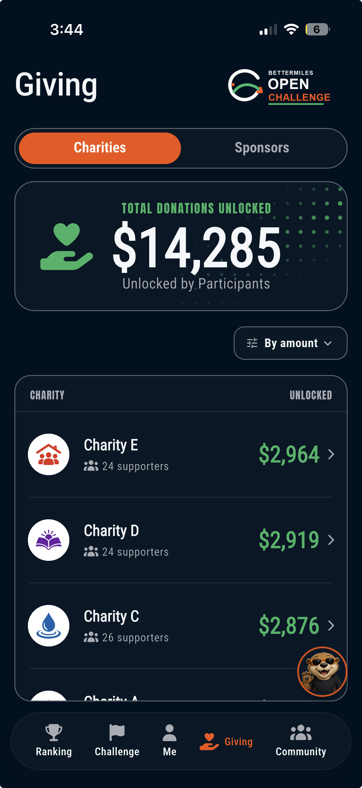 BetterMiles charity donation screen