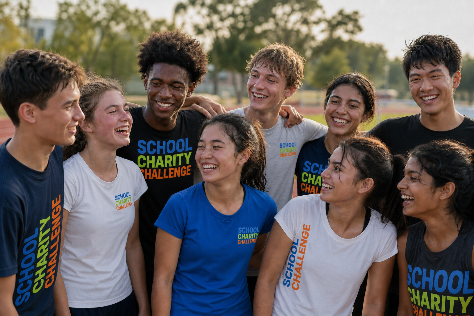 Students wearing School Charity Challenge wordmark T-shirts after a community run