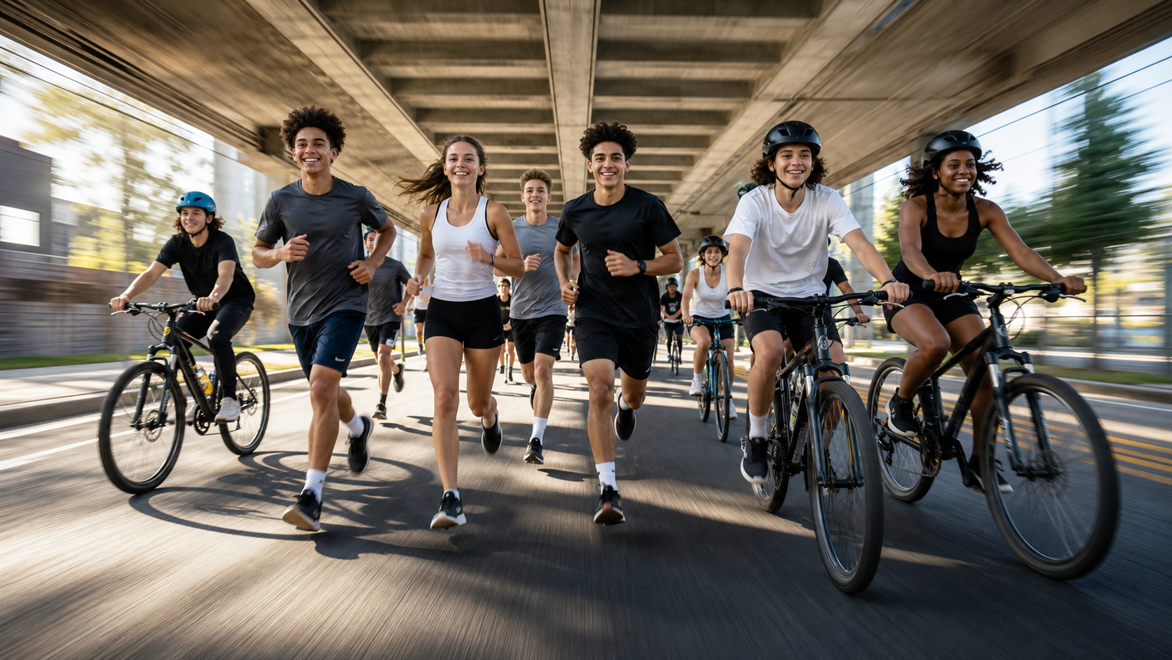 Teen runners and cyclists moving together beneath an urban overpass